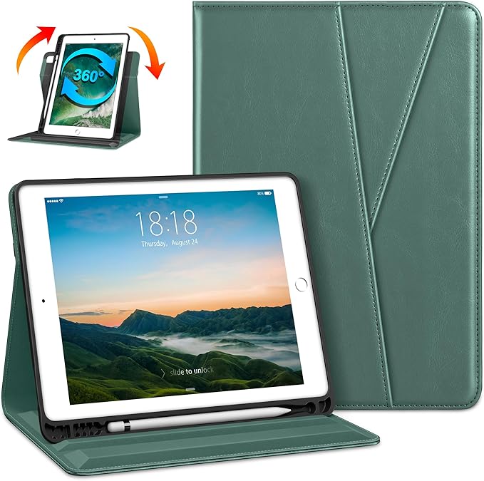 DTTO Rotating Case for iPad 6th / 5th Generation 9.7 Inch 2018/2017 iPad Air 2 / Air 1 Case 360 Degree Swiveling Premium Leather Folio Stand Cover with Pencil Holder-Auto Wake/Sleep Midnight Green