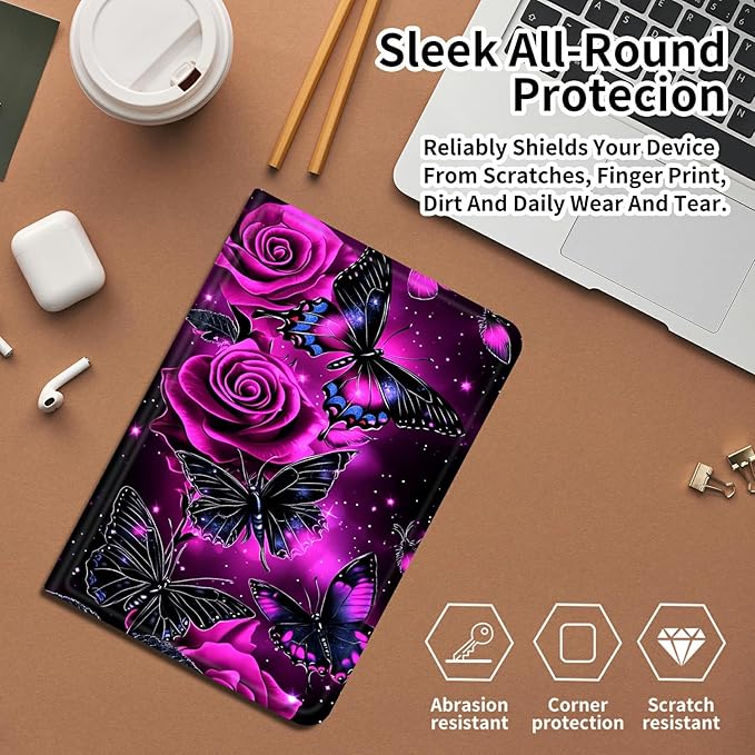 DIGTIALLL Case for Amazon Kindle Fire HD 10 Tablet (9th/7th/5th Generation2019/2017/2015 Release) 10.1 PU Leather Smart Protective Cover with Auto Sleep/WakePurple Rose Butterfly