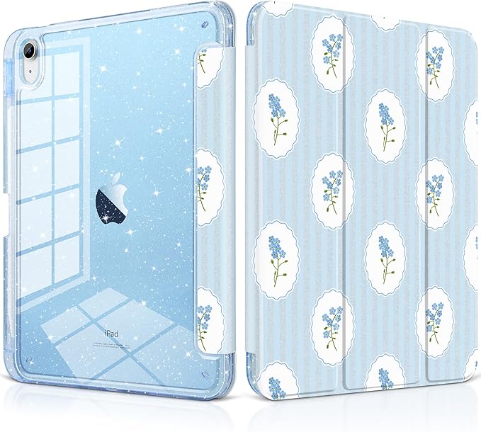MEEgoodo Case for iPad A16 11th Generation 2025/10th Generation 2022 Glitter Tablet Cases with Transparent Acrylic Back+Trifold Stand +Pencil Holder+Auto Wake/SleepCoquette Trellis Floral