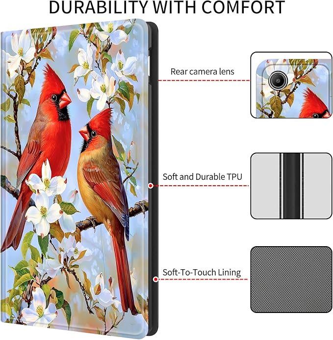 Case for Amazon Kindle Fire HD 8 &amp 8 Plus Tablet (12th Generation/10th Generation 2024/2022/2020 Release) 8 Slim PU Leather Cover with Smart Auto Sleep/Wake-White Flowers Rred Birds