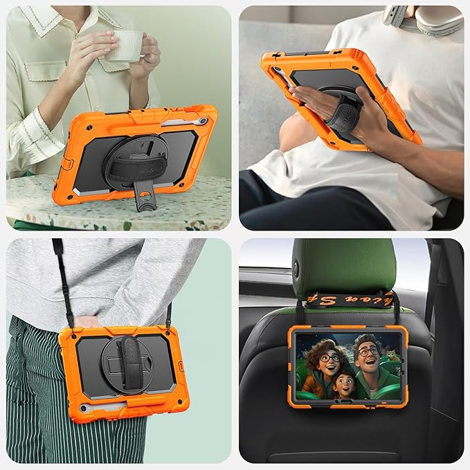 SEYMAC Case for Samsung Galaxy Tab S10 Lite/ S10 FE/ S9 FE/ S9 5G (10.9''/11'') Heavy Duty Shockproof Protective Case with Screen Protector Rotating Stand Hand Strap and Pen Holder Orange