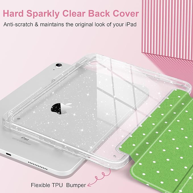 MEEgoodo Case for iPad A16 11th Generation 2025/10th Generation 2022 Glitter Tablet Cases with Transparent Acrylic Back+Trifold Stand +Pencil Holder+Auto Wake/SleepWhite Dots and Green