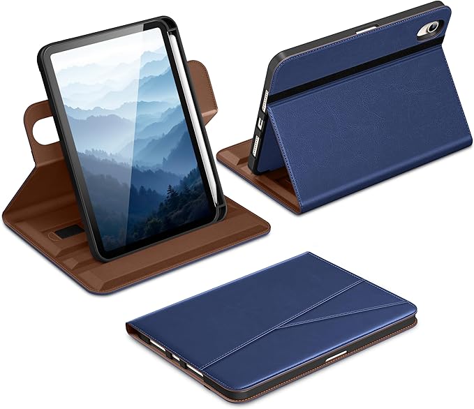 DTTO for iPad mini 7 (A17 Pro) Case iPad mini 7th / 6th Generation Case (2024/2021) 360 Degree Rotating Premium Leather Folio Stand Cover with Pencil Holder Navy Blue