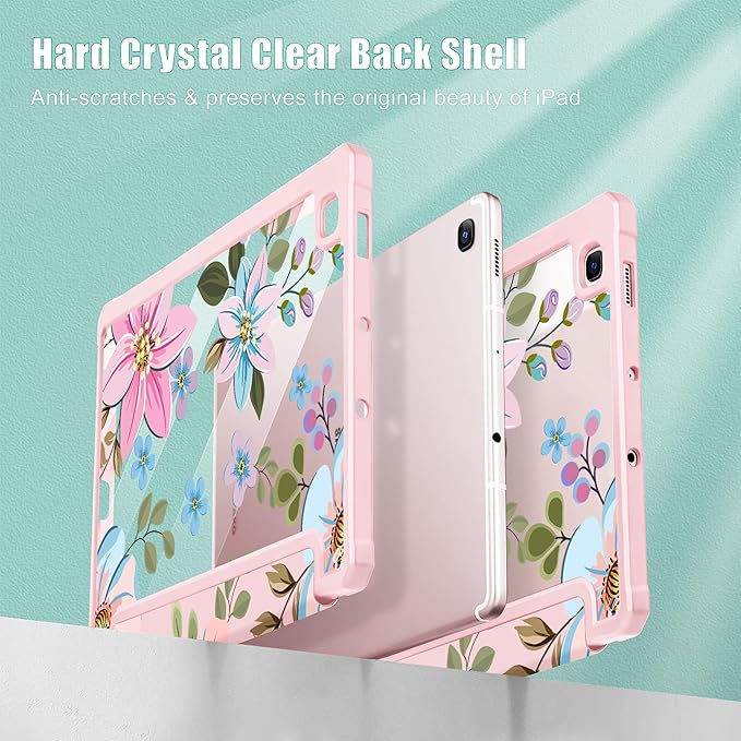 Tuiklol for Samsung Galaxy Tab S6 Lite 10.4 inch 2024 2022 2020Buit in S Pen Holder with Shockproof Protective Cover Clear Transparent Back Shell Auto Wake/Sleep Tones Flowers