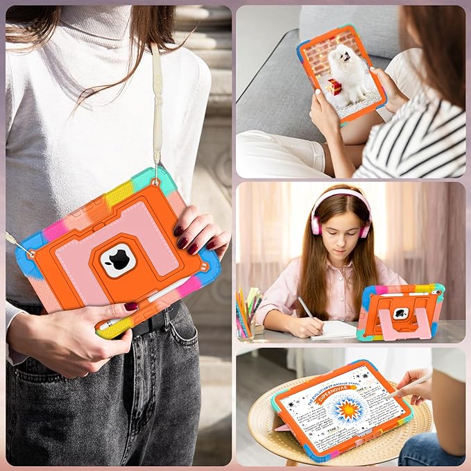 WESOROL Case for iPad A16 11th Generation 11 Inch (2025) iPad 10th Generation 10.9 Inch (2022)i Pad A16 Case Military Grade Shockproof Cases with Pencil Holder Shoulder StrapColorful Orange