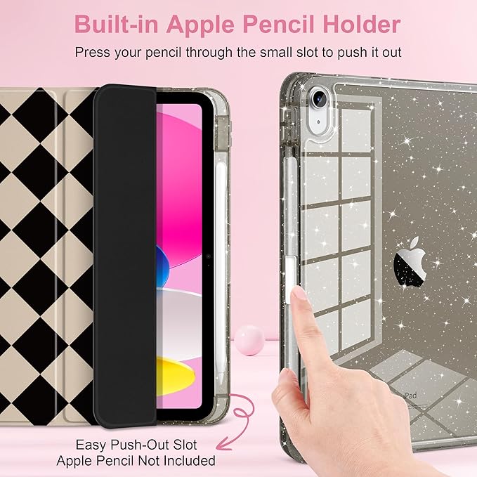 DONGKE for iPad Case 9th/8th/7th Generation 10.2 Inch (2021/2020/2019) Shockproof Glitter Acrylic Back with Trifold Stand Pencil Holder &amp Auto Sleep/Wake - Argyle Pattern