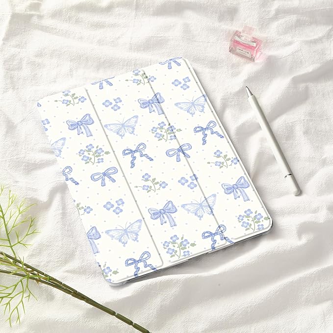Idocolors Cute Kawaii Blue Bow Butterfly Pad Case for 12.9 Inch iPad Pro 2022/2021/2020/2018 Clear TPU Smart Stand Back Cover with Pencil Holder Auto Wake/Sleep Case for Women Girls