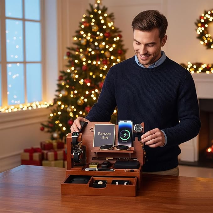 Nightstand Organizer for Men with Large Drawer Wood Phone Docking Station for Phone Apple Watch Wallet &amp Keys Ideal Birthday Gift for Father Husband Bedside Desk Organizer (Walnut)