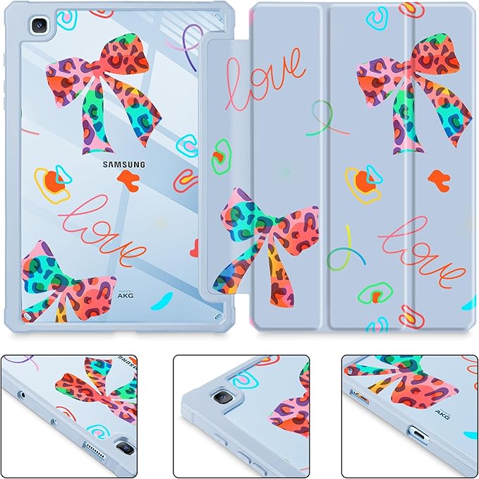 Mektron Case for Samsung Galaxy Tab S6 Lite 10.4 Inch 2024/2022/2020 with S Pen Holder Multi-Angle Viewing with Shockproof Cover Clear Shell + Trifold Stand + Auto Wake/Sleep Neon Bows-Blue