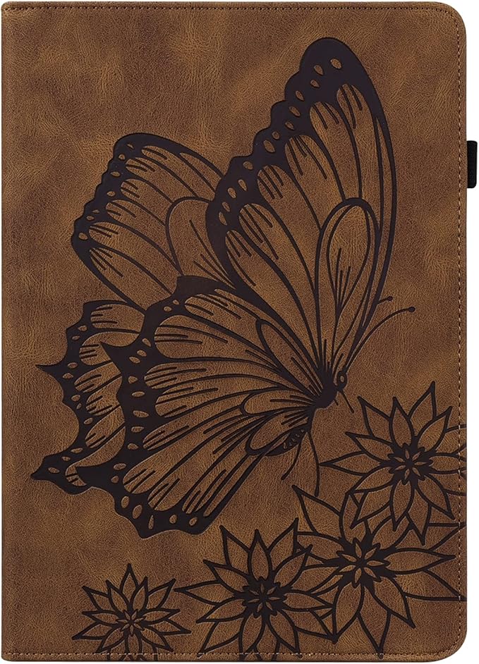 for Amazon Kindle Fire HD 10 &amp HD 10 Plus Case 13th/11th Generation 10.1 inch (2023/2021) Folio Stand Embossed PU Leather Wallet Cover with Pencil Holder/Card Pockes Brown Flower Butterfly