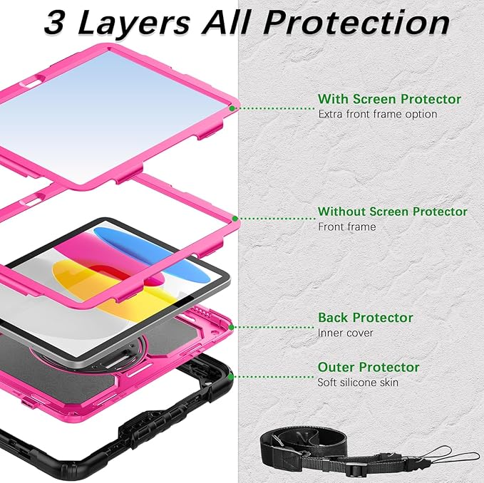 Weuiean Case for iPad A16 11th/10th Generation 11/10.9 Military-Grade Heavy-Duty Shockproof Cover with 360° Rotating Stand Built-in Pencil Holder &amp Adjustable Hand/Shoulder Strap - Pink+Black