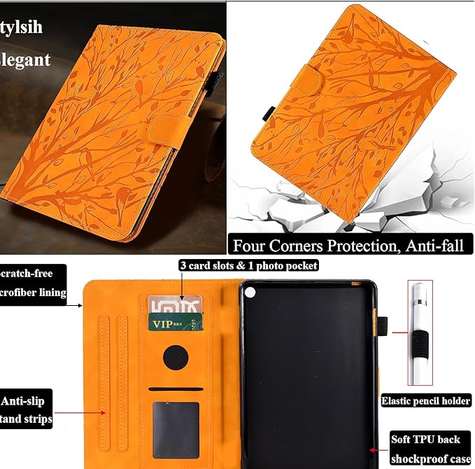 for Amazon Kindle Fire HD 8 &amp Fire HD 8 Plus Case (12th/10th Generation 2024/2022/2020) 8 UUcovers Embossed Magneic Smart Cover with Stand/Pencil Holder [Auto Sleep/Wake] Orange Lucky Tree