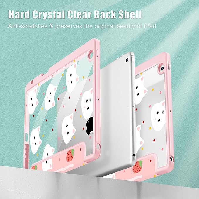for iPad 9th Generation with Pencil Holder iPad 8th/7th Gen Case 10.2-inch [Built in Pencil Holder] Trifold Stand Auto Wake/Sleep Clear TPU Protection Back Cover Cat Strawberry