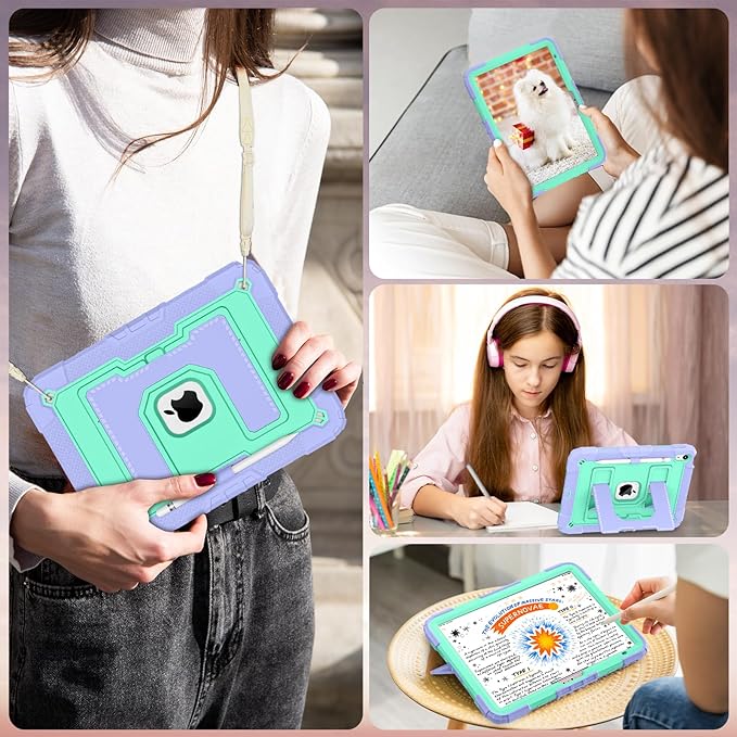 WESOROL Case for iPad A16 11th/10th Generation 2025/2022 with Pencil Holder Shoulder Strap iPad Case 10th Generation Shockproof Cover for iPad 11th/10th Gen CasesPurple Green