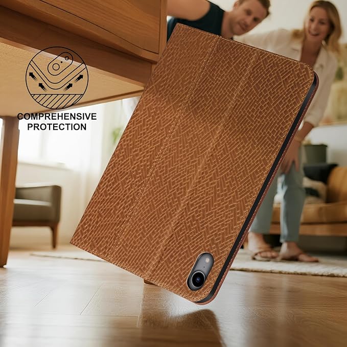 Leather Case for iPad mini 7 (A17 Pro) 2024 / iPad mini 6 Generation 2021 8.3 Inch Full Grain Leather CoverProtective Smart Folio with Auto Sleep/Wake Anti Slip Brown Stripe