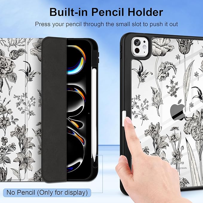 DONGKE for iPad Pro 11-Inch Case (M5 2025 / M4 2024) 6th/5th Generation [Auto Sleep/Wake &amp Pencil Pro Holder] Clear Acrylic Back Smart Trifold Stand Cover Black Florals