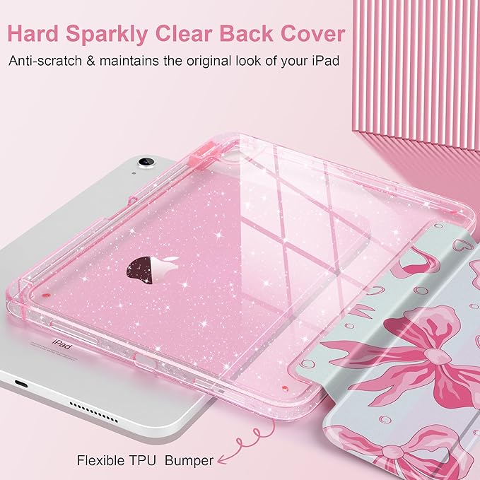 MEEgoodo Case for iPad A16 11th Generation 2025/10th Generation 2022 Glitter Tablet Cases with Transparent Acrylic Back+Trifold Stand +Pencil Holder+Auto Wake/SleepPink Bow &amp Rainbow Striped