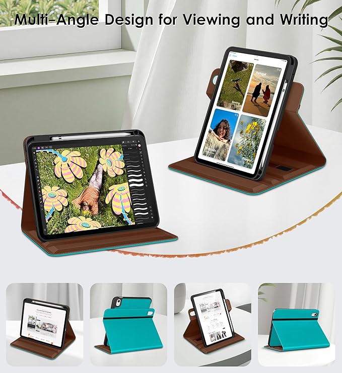 DTTO for iPad A16 Case iPad 11th / 10th Generation Case (2025/2022) 360 Degree Rotating Premium Leather Folio Stand Cover with Pencil Holder Cyan Blue