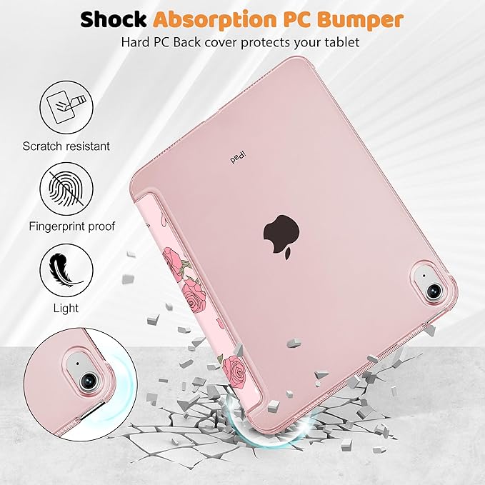 Case for iPad 11 inch A16 2025 Generation 11th / iPad 10.9 inch 10th Generation 2022 Smart Foldable Stand PC Clear Translucent Back Shell Auto Wake/Sleep Slim CoverBow &amp Rose