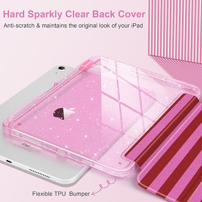 TWOLSKOO Sparkly Case for iPad Pro 11 inch (M5 2025 / M4 2024) Glitter Hard Acrylic Back with Pencil Holder Slim Trifold Stand Folio Cover Auto Sleep/Wake Red Stripes