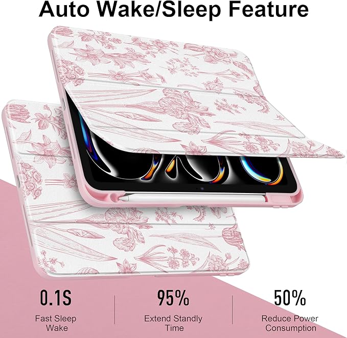 DONGKE for iPad Pro 11-Inch Case (M5 2025 / M4 2024) 6th/5th Generation [Auto Sleep/Wake &amp Pencil Pro Holder] Clear Acrylic Back Smart Trifold Stand Cover Pink Florals
