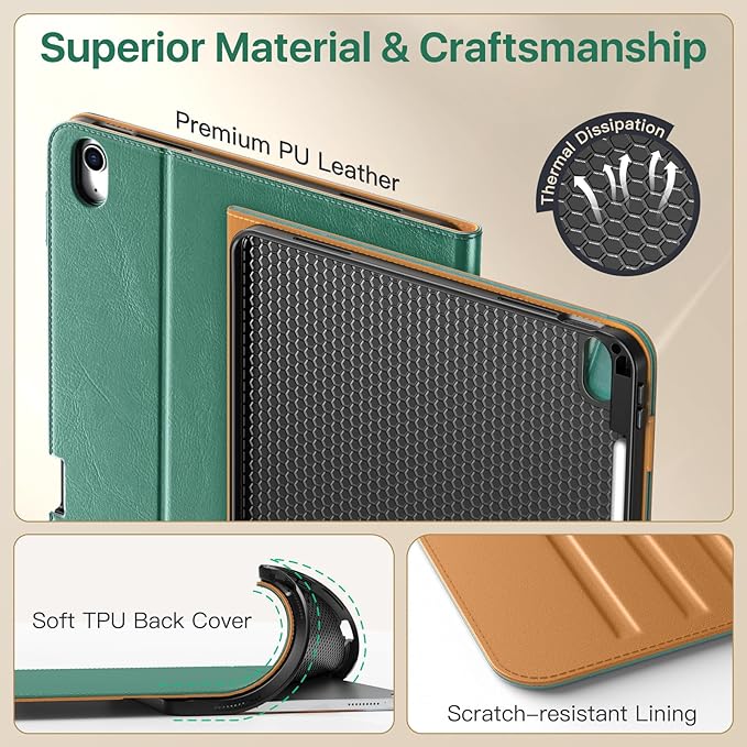 MoKo Case for iPad Air 13-inch (M4) 2026 / (M3) 2025 / (M2) 2024 with Pencil Holder &amp Hand Strap &amp Pocket Premium Leather Folio Stand Cover Multiple Viewing Angles Green