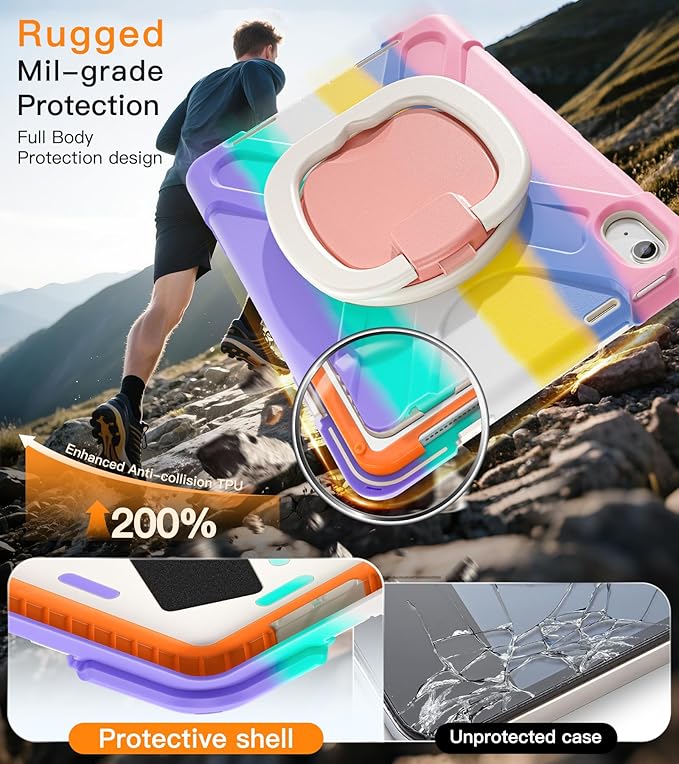BATYUE Case for iPad (A16) 11th/10th Gen 11''/10.9'' - Heavy Duty Shockproof Cover for Kids with 360° Rotating &amp 180° Folding Stand Screen Protector Shoulder Strap &amp Pencil Holder | Colorful