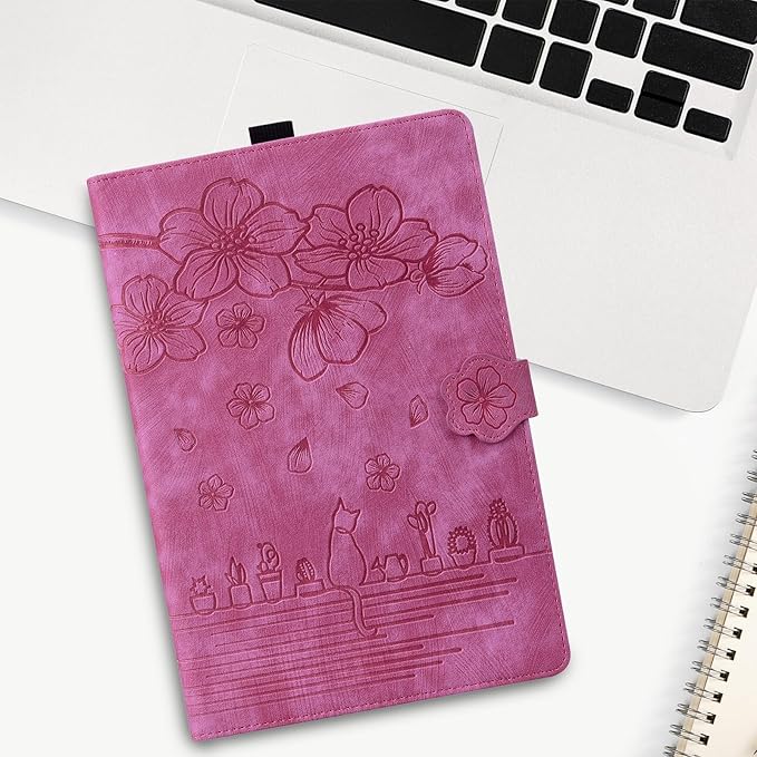 Case for Samsung Galaxy Tab S10 FE+/S10 FE Plus 13.1 Inch 2025 (SM-X620/SM-X626B) with Pencil Holder/Pockets Folio Stand Embossed Cherry Blossom PU Leather Magnetic Wallet Cover Rose Cat