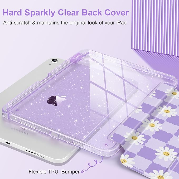 MEEgoodo Case for iPad A16 11th Generation 2025/10th Generation 2022 Glitter Tablet Cases with Transparent Acrylic Back+Trifold Stand +Pencil Holder+Auto Wake/SleepCool Flower &amp Purple Checkerbo