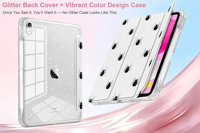 MEEgoodo Case for iPad A16 11th Generation 2025/10th Generation 2022 Glitter Tablet Cases with Transparent Acrylic Back+Trifold Stand +Pencil Holder+Auto Wake/SleepSpider Pattern