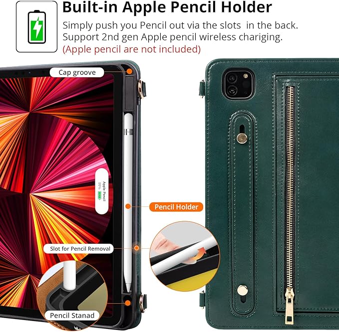 Dteck Case for iPad Air 13 inch M2 2024/iPad Pro 12.9 Case 6th/5th/4th/3rd Generation 2022/2021/2020/2018Premium PU Leather Shockproof Protective Case Zipper Pocket Strap Soft TPU Back CoverGreen