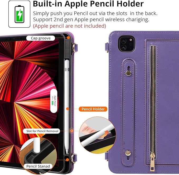 Dteck Case for iPad Air 13 inch M2 2024/iPad Pro 12.9 Case 6th/5th/4th/3rd Generation 2022/2021/2020/2018Premium PU Leather Shockproof Protective Case Zipper Pocket Strap Soft TPU Back CoverPurple