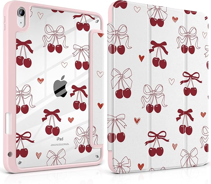 Case for iPad (A16) 11th Generation 11 inch 2025 /iPad 10th Gen 10.9 2022 - Aesthetic Cute Preppy Design Trifold Cover with Soft TPU Bumper Clear Back Auto Sleep/Wake Cherry
