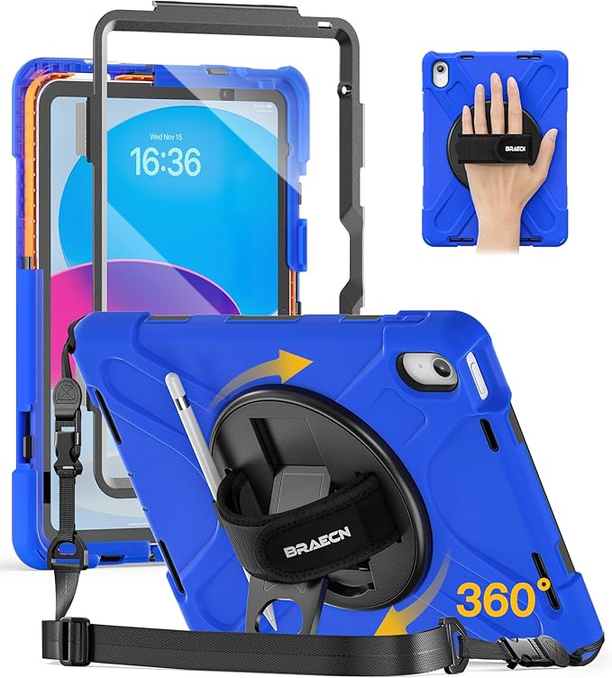 BRAECN for iPad (A16) 11th/10th Generation case 11/10.9 inch 2025/2022 Heavy Duty Shockproof Protective with Pencil Holder Screen Protector 360°Rotating Stand Handle &amp Shoulder Strap Full Body Cov