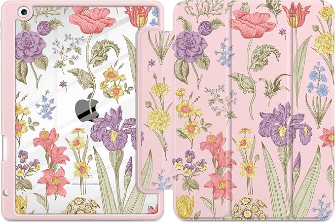 DONGKE for iPad 9th/8th/7th Generation Case 10.2 Inch (2021/2020/2019) [Auto Sleep/Wake &amp Pencil Holder] Clear Acrylic Back Trifold Stand Cover Pink Botanical Floral
