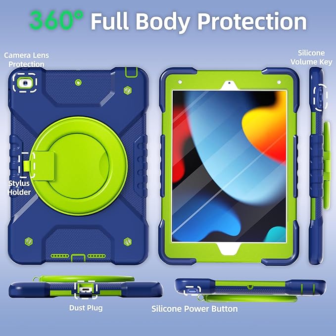 Case for iPad 9th/8th/7th Generation 10.2 inch Shockproof Cover with Screen Protector/360° Rotating Handle/Bracket/Pen Holder/Shoulder Strap Kids Case for iPad 2021/2020/2019 (Navy+Green)