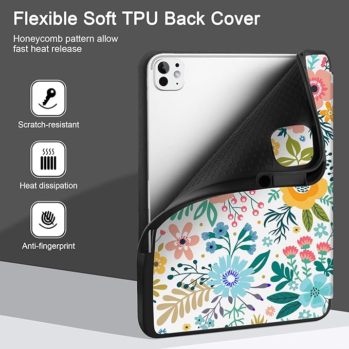 DONGKE Case for iPad Pro 13 inch (M5 2025 / M4 2024) – [Built-in Pencil Holder] Ultra Slim PU Leather Trifold Stand Cover with Soft TPU Back Auto Wake/Sleep - Flower