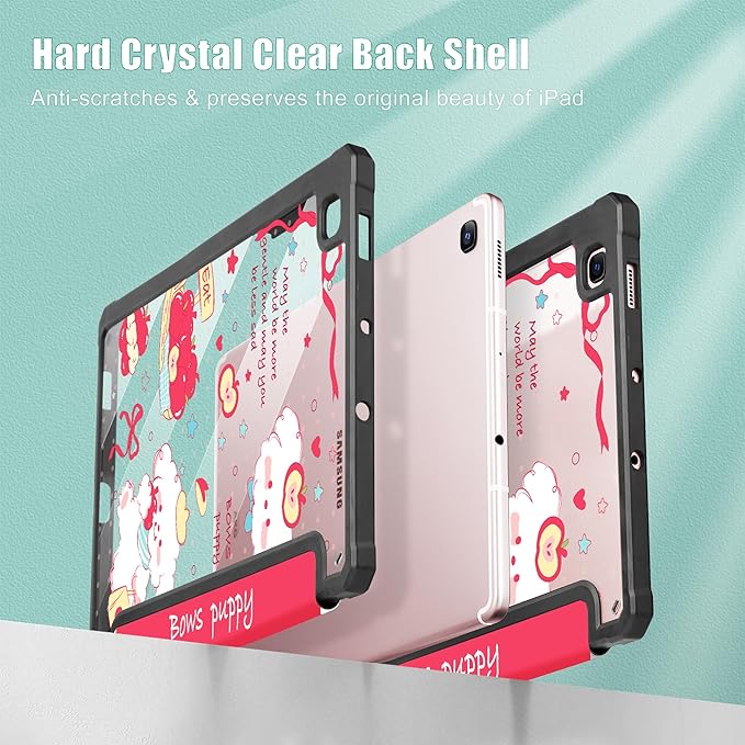 Mektron Case for Samsung Galaxy Tab S6 Lite 10.4 Inch 2024/2022/2020 with S Pen Holder Multi-Angle Viewing with Shockproof Cover Clear Shell + Trifold Stand + Auto Wake/Sleep Cute Puppy