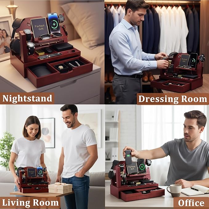 Nightstand Organizer for Men with Large Drawer Wood Phone Docking Station for Phone Apple Watch Wallet &amp Keys Ideal Birthday Gift for Father Husband Bedside Desk Organizer (Mahogany)