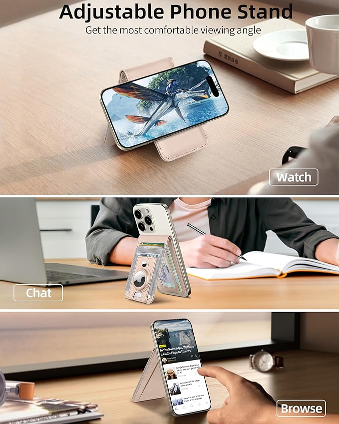 For Magsafe Wallet Stand with Airtag Holder Strongest Magnetic Wallet for iPhone 17/16/15/14/13/12 Series ID Window 10 Cards Holder Vegan Leather RFID Blocking Desert Titanium Gold