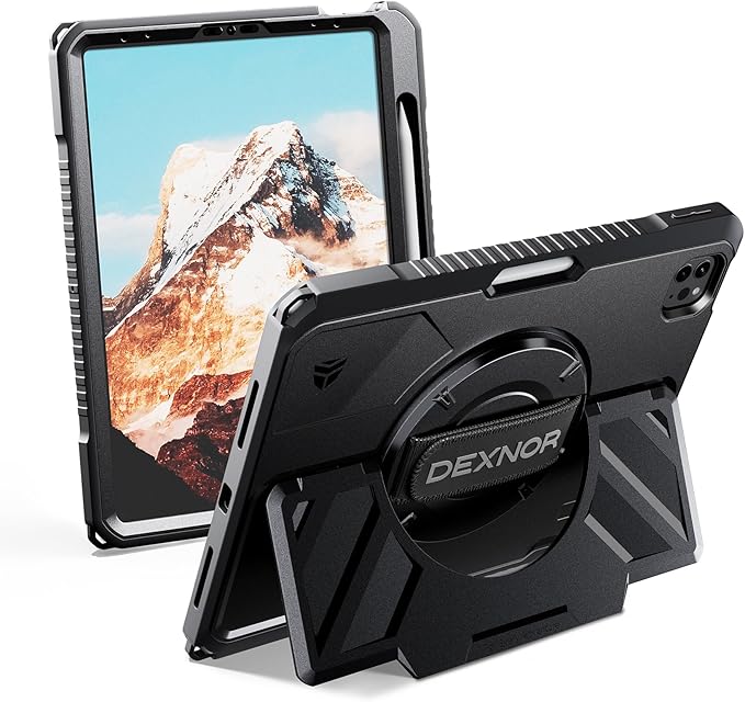 Dexnor Case for iPad Pro 11 inch 4th/3rd/2nd/1st Gen (2022/2021/2020/2018)Rugged Protective Case with 360° Rotating Hand Strap &amp Stand &amp Screen Protector &amp Pencil Holder Shockproof Bumper