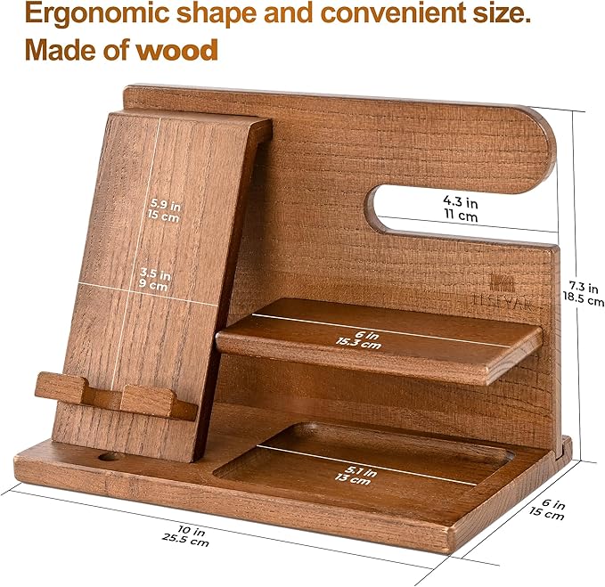 TESLYAR Wood Phone Docking Station for Men - Desktop or Nightstand Organizer - Birthday Gifts for Men Dad - Anniversary Idea from Wife - Key Holder Stand Wallet Watch &amp Essentials (Earth Beige)