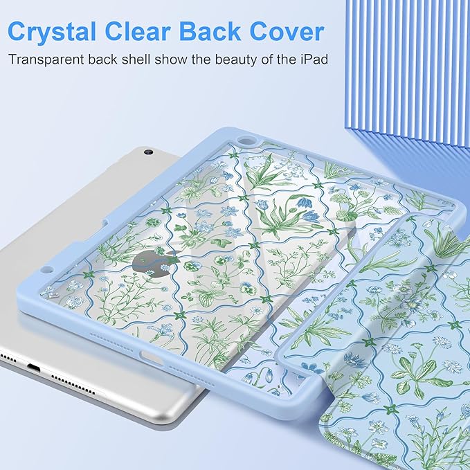 DONGKE for iPad 9th/8th/7th Generation Case 10.2 Inch (2021/2020/2019) [Auto Sleep/Wake &amp Pencil Holder] Clear Acrylic Back Trifold Stand Cover Lattice Floral