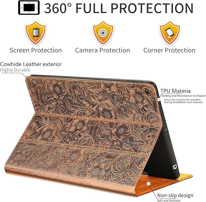Gexmil Leather Case for iPad 10.2 inch 9th/8th/7th Gen. 2021/2020/2019 with Pencil Holder Genuine Leather Cover Auto Sleep/WakeSmart Folio Shockproof ProtectiveAnti-FingerprintFlower Brown