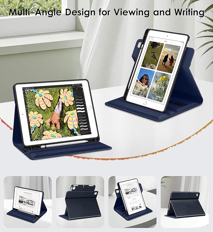DTTO for iPad 6th / 5th Generation 9.7 Inch (2018/2017) iPad Air 2 / Air 1 Case 360 Degree Rotating Premium Leather Folio Stand Cover with Pencil Holder Blue