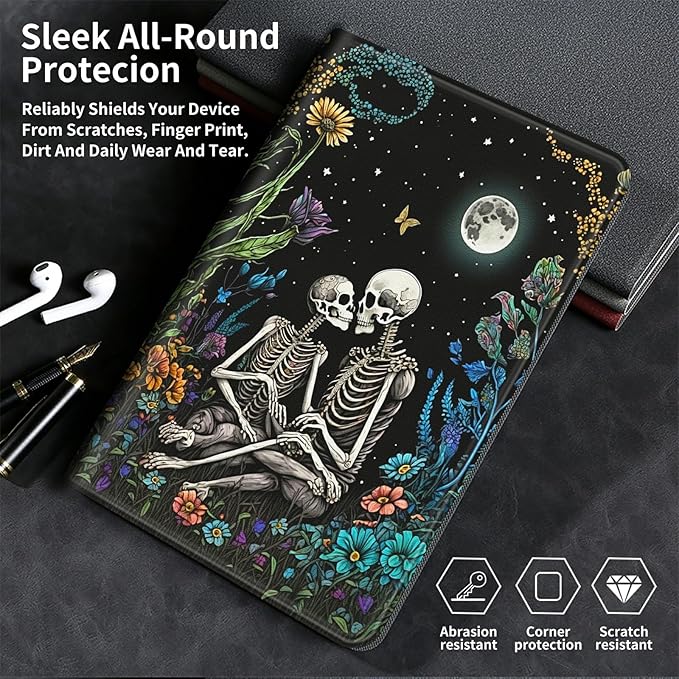 Case for Kindle Paperwhite 12th Generation &amp Kindle Colorsoft Signature Edition 2024 7 inch Lightweight Smart Case Adjustable Stand Protective Cover with Auto Wake/Sleep - Skull Love Flower Moon