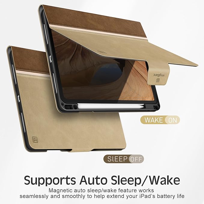 KingBlanc Case for iPad Pro 11 inch (M5 2025/M4 2024) with Pencil Holder Vegan Leather Smart Stand Cover Auto Sleep Wake Support Pencil Pro/(USB-C) Viewing/Typing Angle Durable Protection Beige