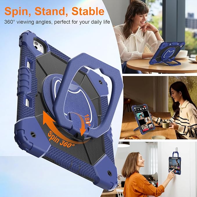 Case for iPad Pro 13 Inch M5 2025 / M4 2024 Auorld for iPad Pro 13 Inch M5 2025 with Screen Protector 360 Degree Rotating Stand Shoulder Strap Pencil Holder Navy Black