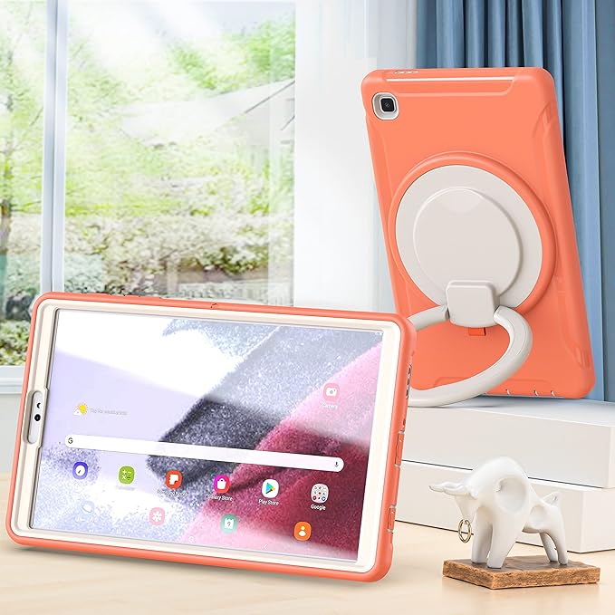 Shockproof Case for Samsung Galaxy Tab A7 Lite 8.7 Tablet Techcircle Rotating Stand Handle Heavy Duty Bumper Hybrid Cover Protective Case for Galaxy Tab A7 Lite (2021) SM-T220/T225 Coral Orange