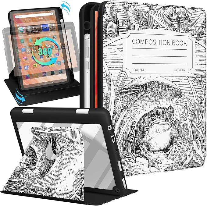 Kidcube for Kindle Fire HD 10/10 Plus Tablet Case - 13th/11th Generation (2023/2021) 10.1 Women Girls Cute Frog Design Teens Rotating Stand Pencil Holder Folio Cases for Amazon Fire HD 10/10 Plus